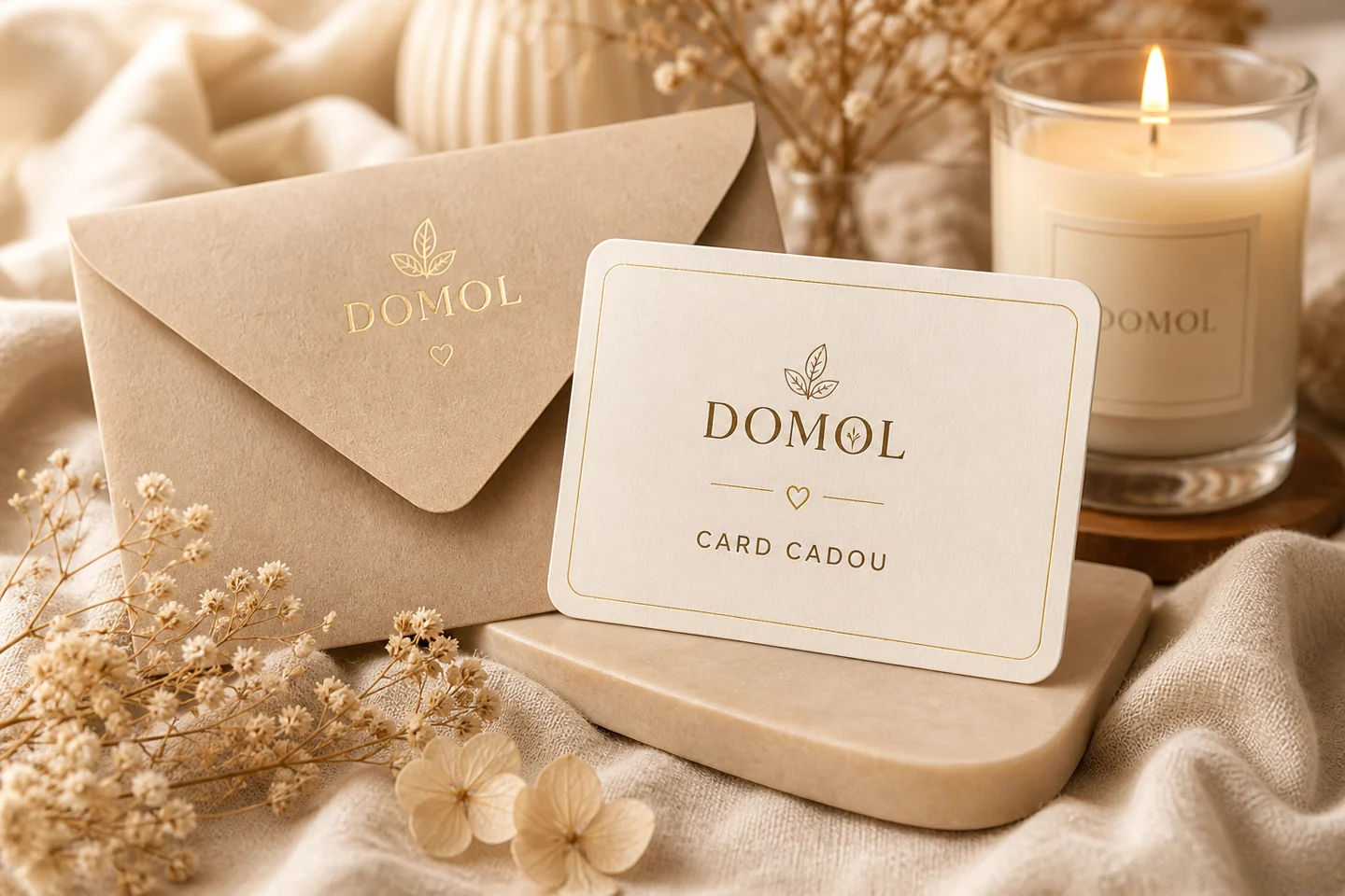 Card cadou DOMOL cu plic elegant, lumânare aprinsă și flori uscate